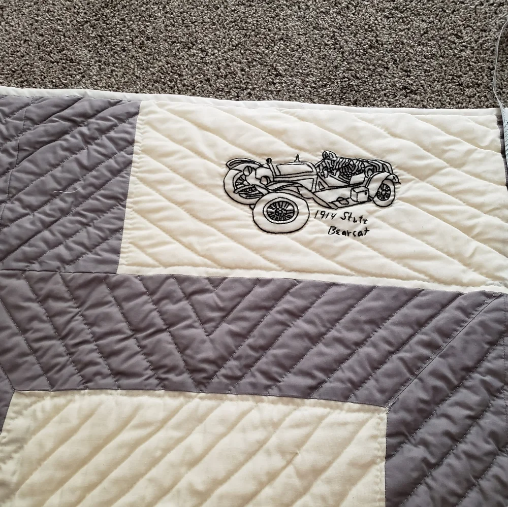 King Queen Quilt Embroidered Antique Cars Grey White Hand Stitched Needlepoint